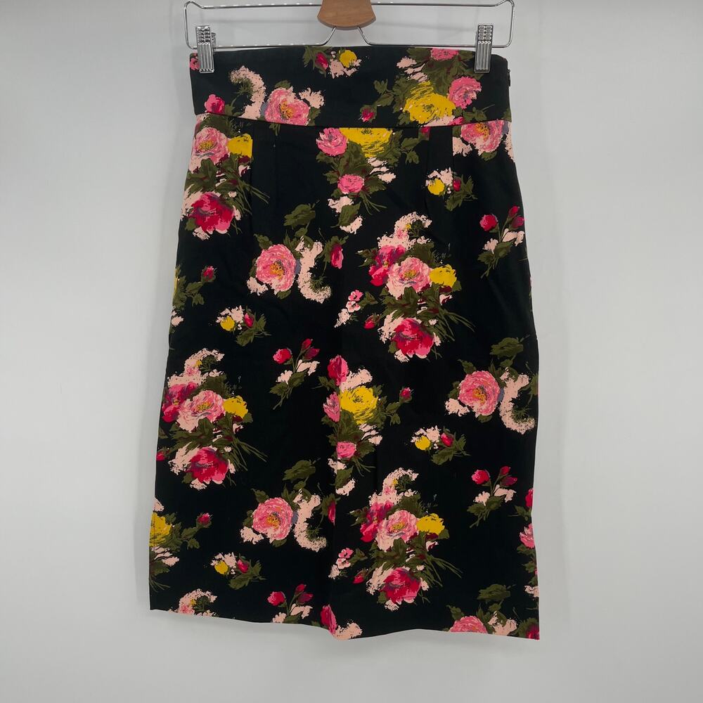 Trashy Diva High Waisted Straight Skirt Sz 8 Black Floral Print Midi Retro
